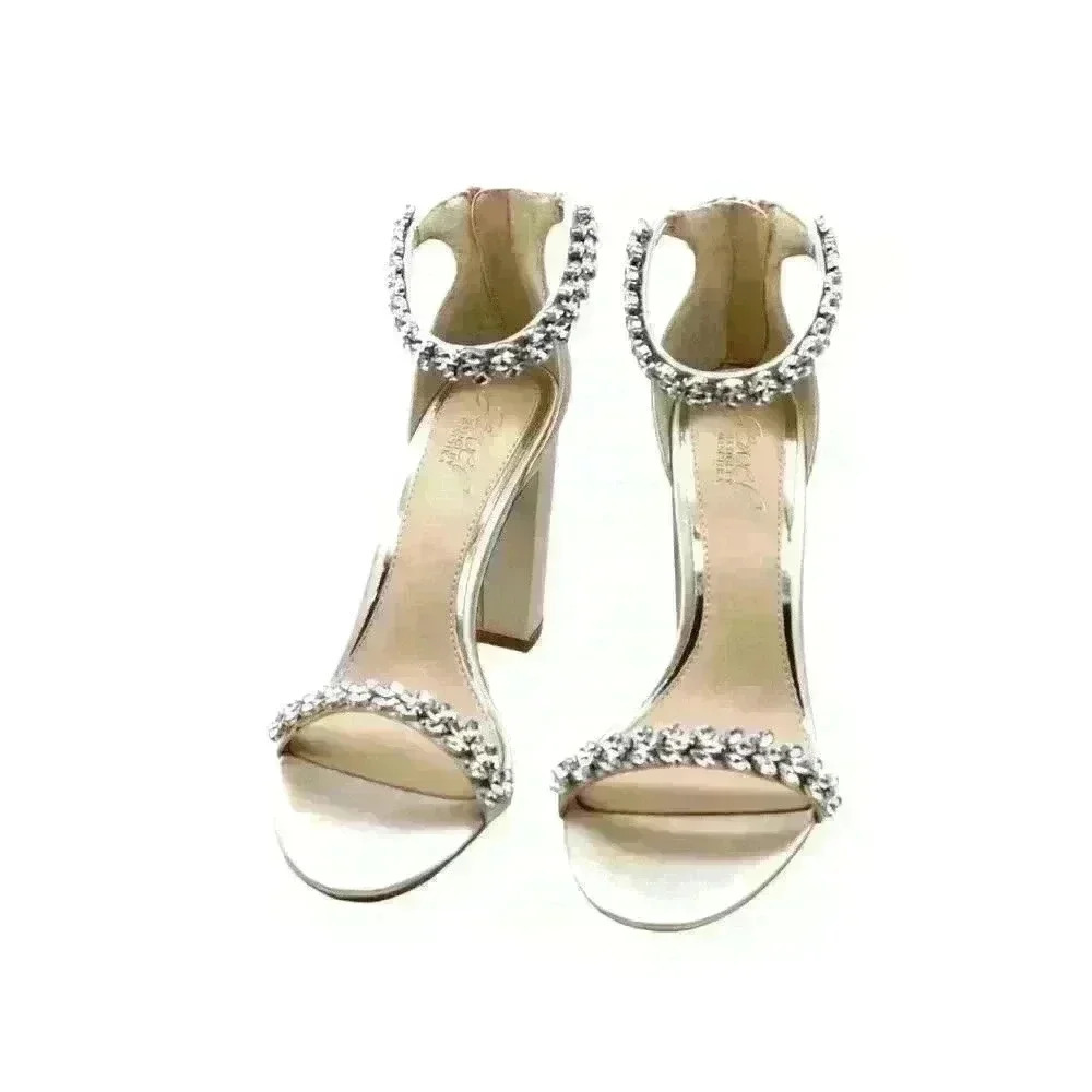 Crystal-Embellished White Block Heel Sandals - Picture 2 of 8
